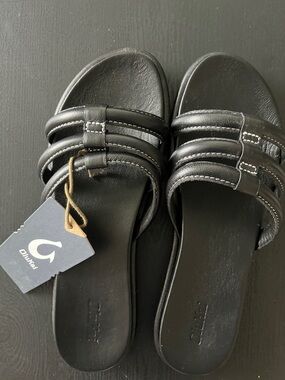 OluKai Black Triple-Strap Slide Sandals